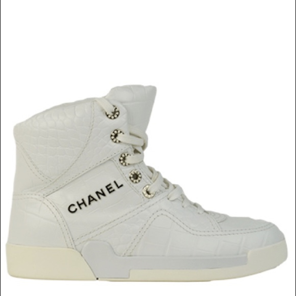 White 36 Crocodile Embossed Leather Lace Up High Top Trainers Sneakers